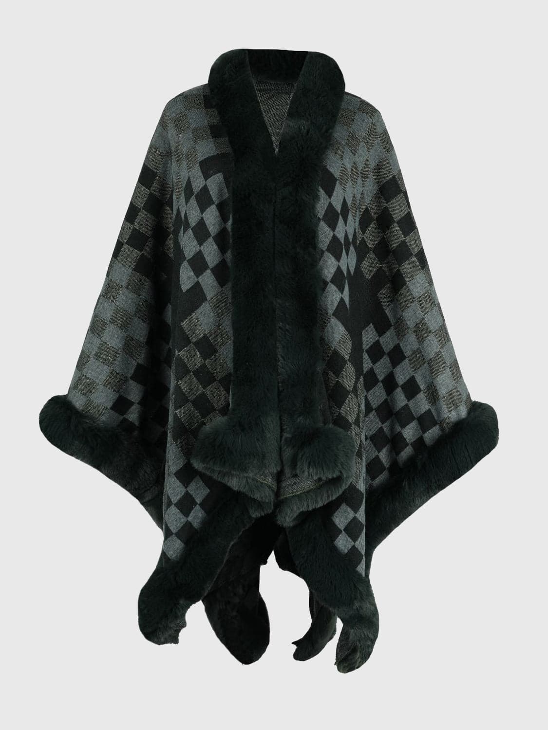 Checkered Faux Fur Trim Poncho.