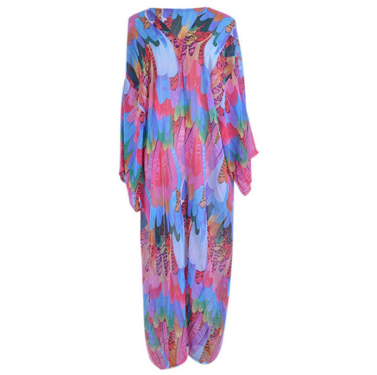 Beach Cover up Chiffon Colorful Feather Print Sun Protection Shirt Sexy Cardigan Loose Beach Cover Up Bella Mia