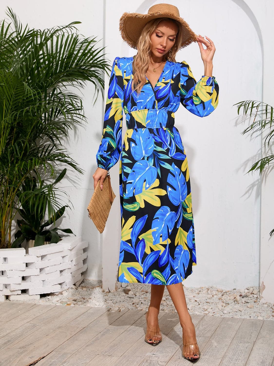 Printed Surplice Long Sleeve Midi Dress.