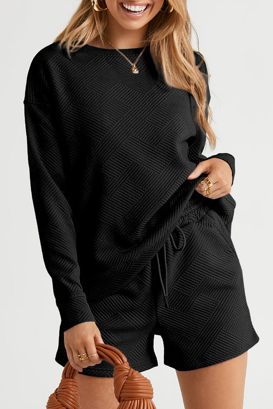 Adalyn Textured Long Sleeve Top and Drawstring Shorts Set - Love Salve 