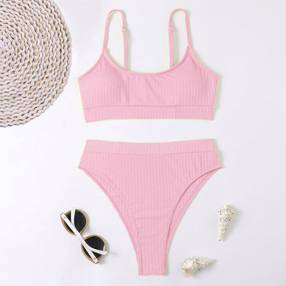 Sunken Stripe Vest High Waist Bikini Sexy Split Swimsuit Women
