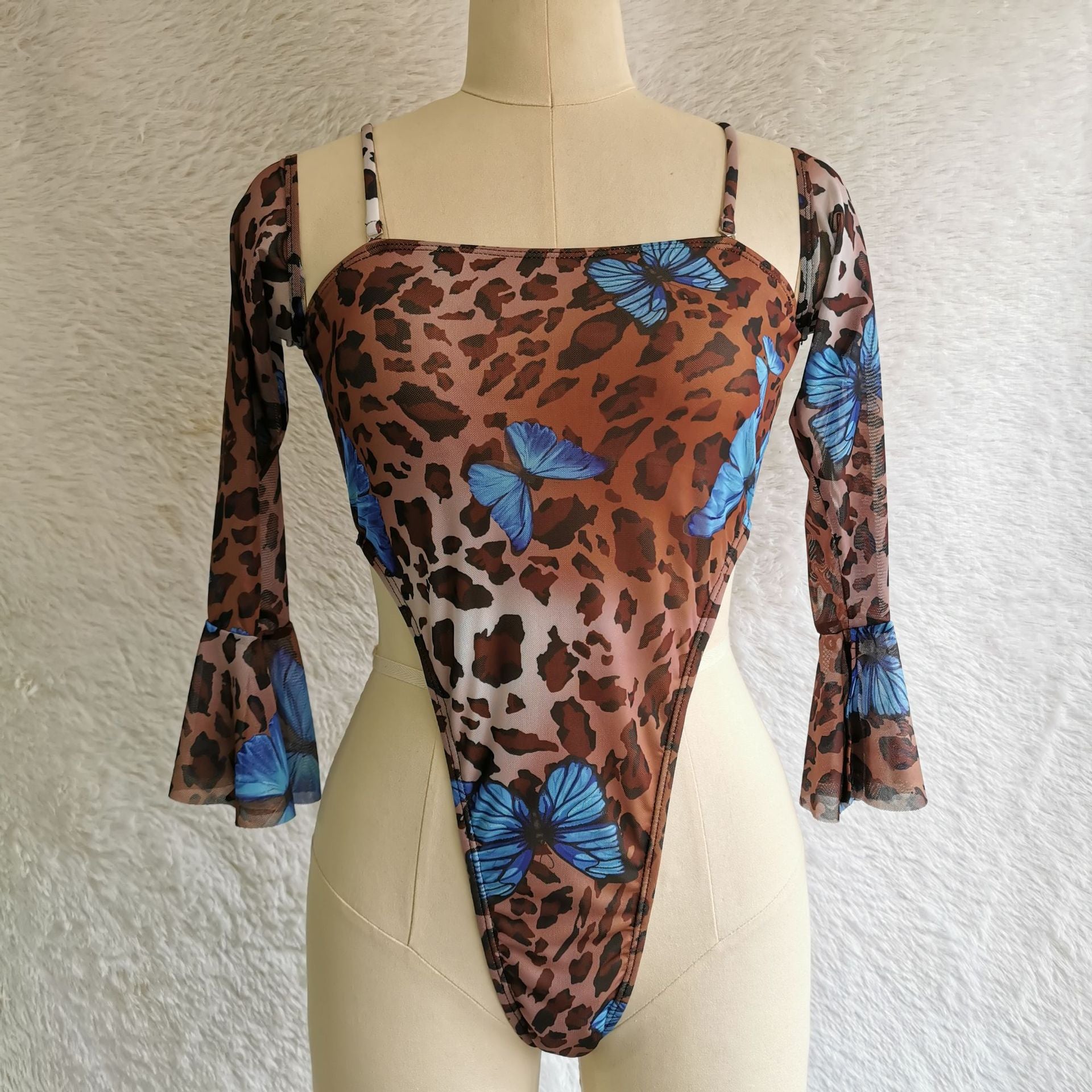 Leopard Print Mesh One-Piece Swimsuit Sleeved Swimwear New Sexy Bikini Bella Mia