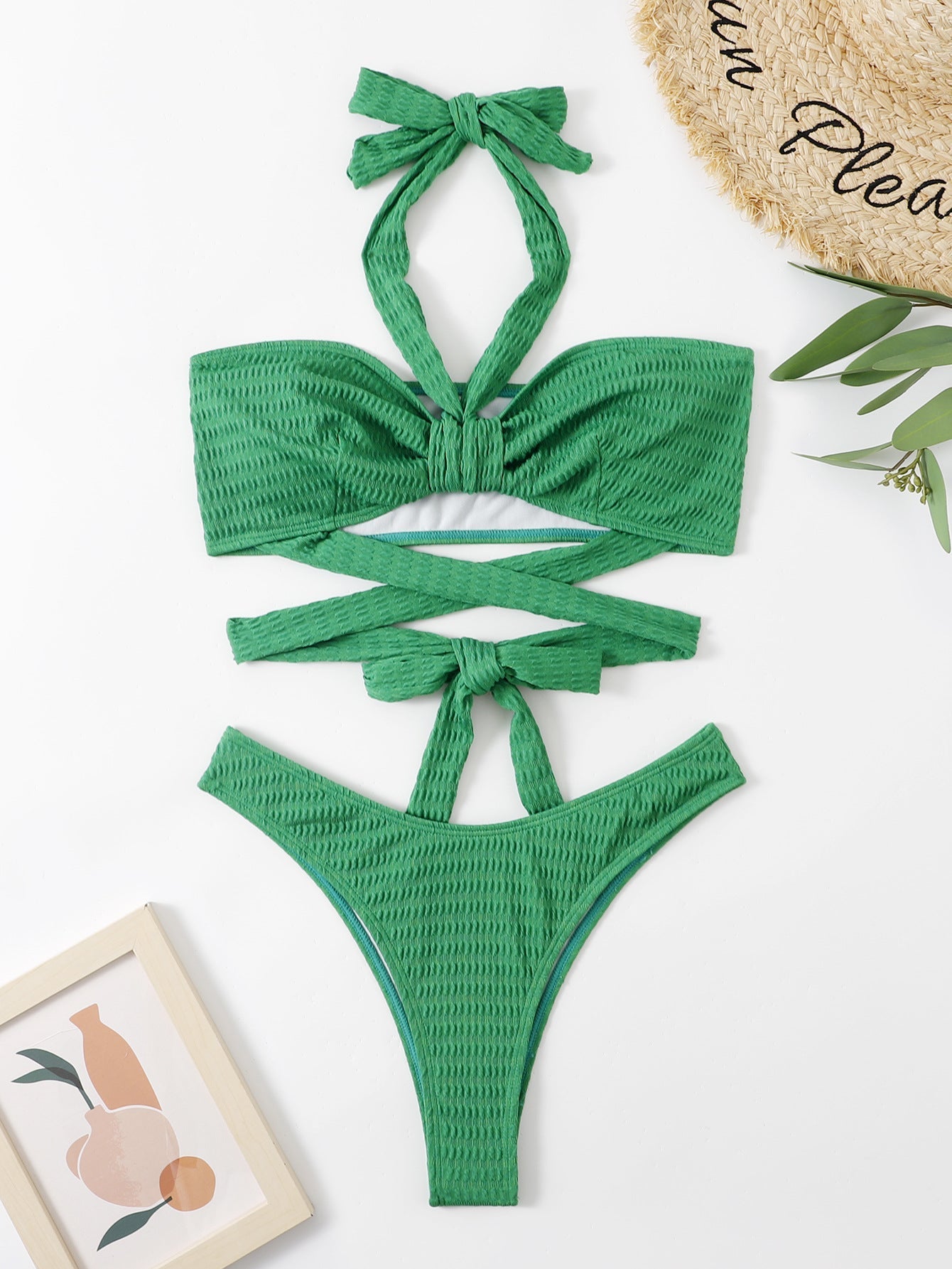 Women Pleated Fabric Halter Lace up Split Bikini Crisscross Bella Mia