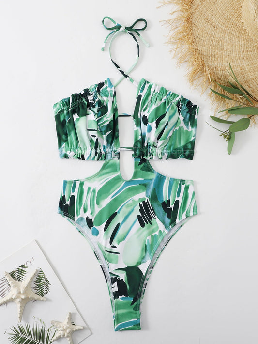 Women Green Strap One Piece Swimsuit Bikini Bella Mia