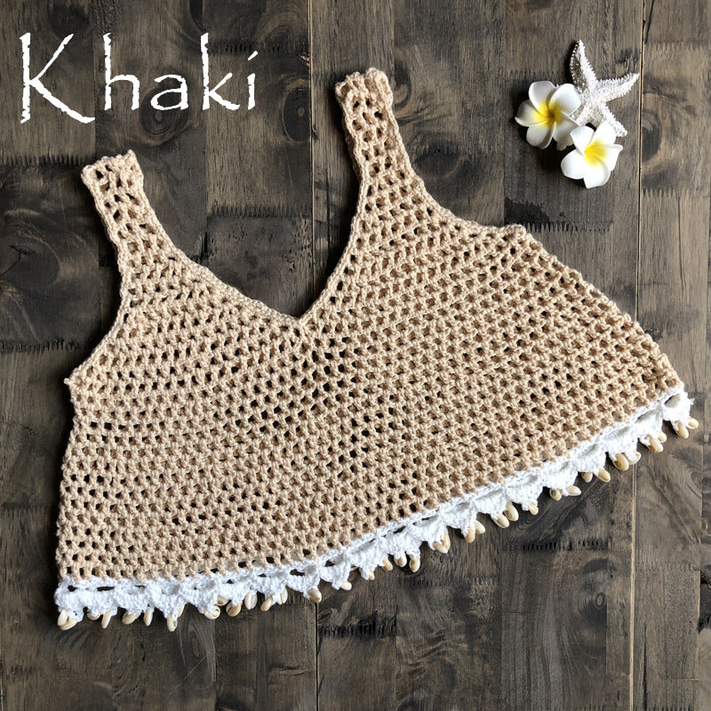 Sexy Hollow Out Cutout Shell Bikini Top Hand Crochet Female Sun Protective Blouse Bella Mia