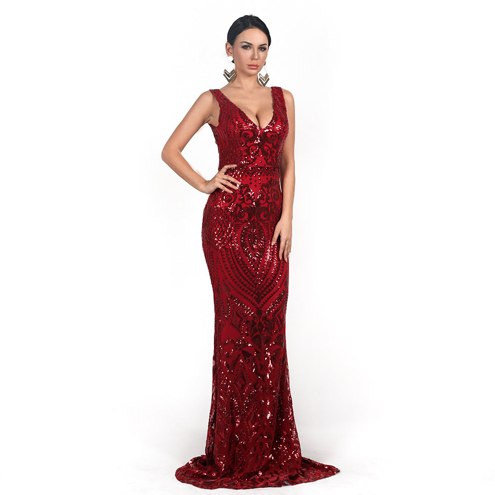 Women Evening Dress Sexy V-neck Sleeveless Sequined Geometric Abstract Vintage Backless Elegant Maxi Reflective Dress Formal Gown Bella Mia