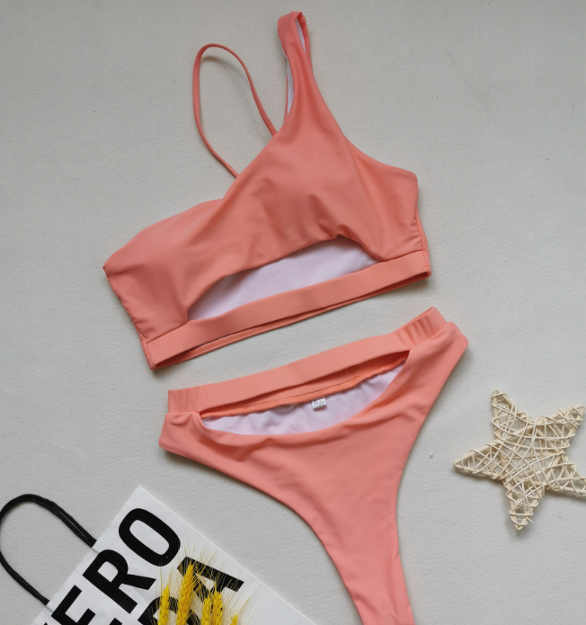Swimsuit Solid Color Hollow Out Cutout One Shoulder Bikini Women Split High Waist Swimsuit Bella Mia