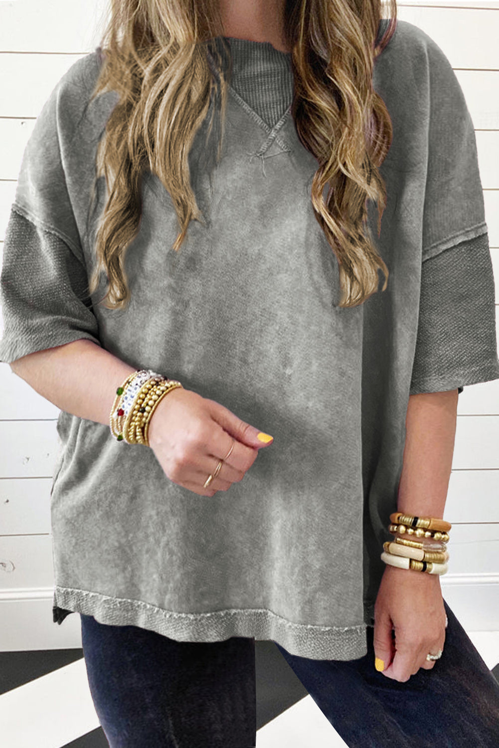 Stylish light grey oversized patchwork tee for effortless chic