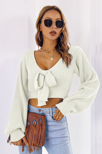 Bow V-Neck Long Sleeve Cropped Sweater.