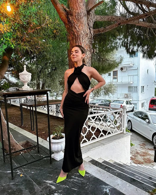 Dress Sexy Floral Stitched Backless Halter Strap Hip Bella Mia