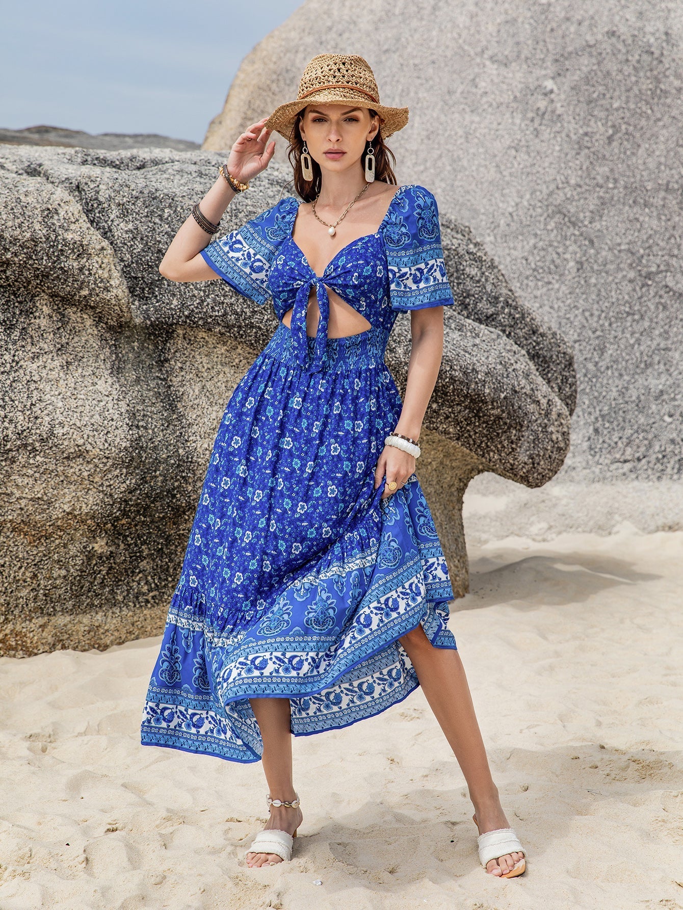 Bohemian Blue Laced Cropped Outfit Short Sleeve Dress Dress Bella Mia