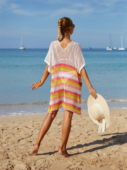 Summer Beach Cover up Knitted Rainbow Color Holiday Blouse Bikini Sweater