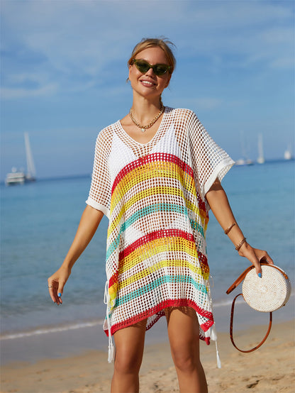 Summer Beach Cover up Knitted Rainbow Color Holiday Blouse Bikini Sweater