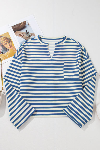 Sky Blue Striped V-Neck Top with Pocket and Buttoned Back