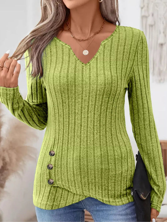 Ribbed Knit Notched Long Sleeve Top Simply Love