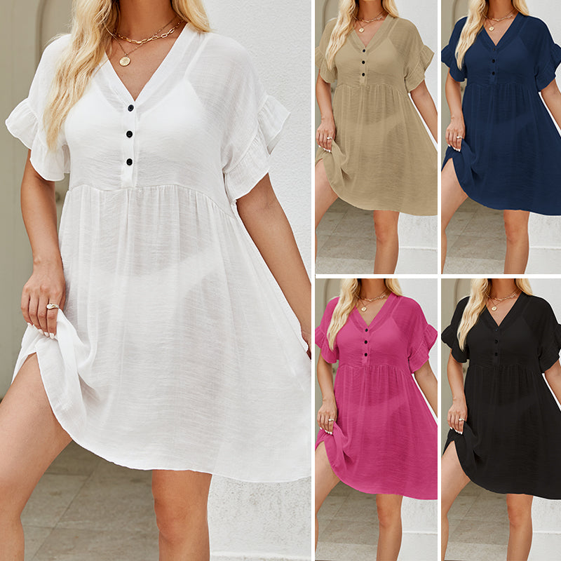 Arrival Vacation Sun Protection Blouse Solid Color Stringy Selvedge Cuff Sexy See through Bikini Smock Dress Bella Mia