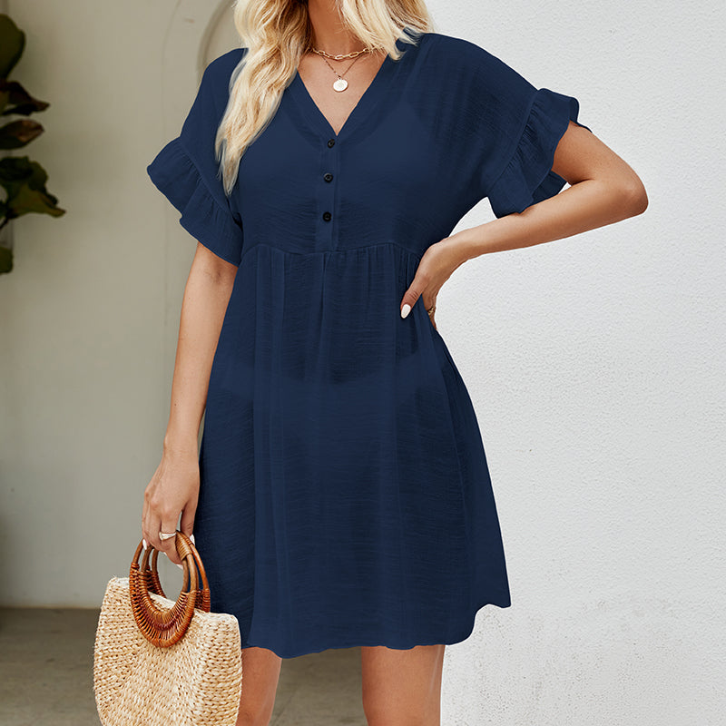 Arrival Vacation Sun Protection Blouse Solid Color Stringy Selvedge Cuff Sexy See through Bikini Smock Dress Bella Mia