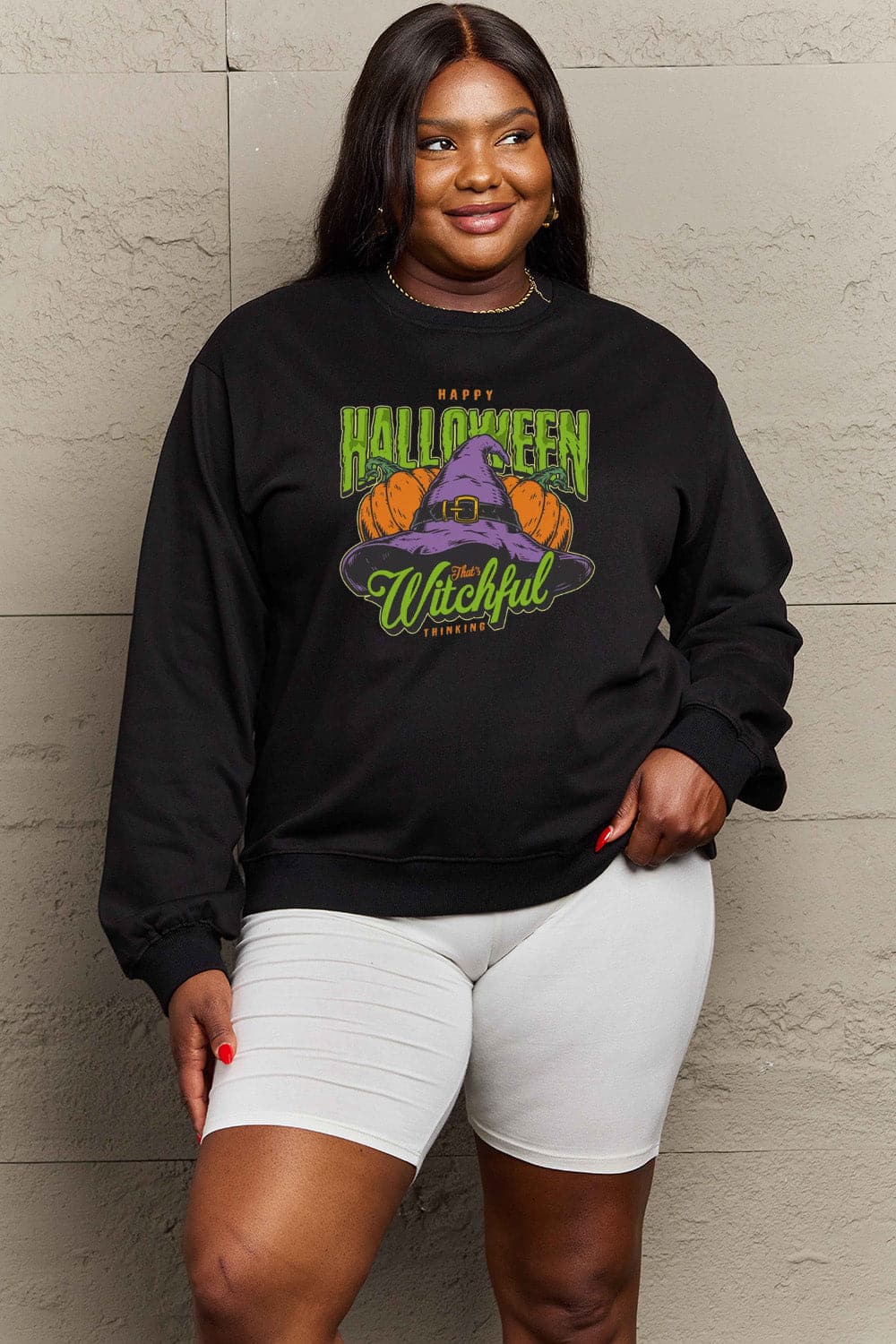 Simply Love Full Size Witch Hat Graphic Sweatshirt.