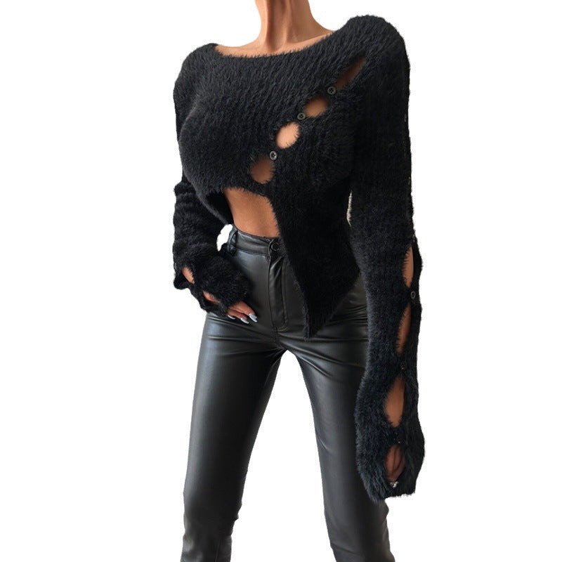 Sweater Women Cropped Hollow Out Cutout Long Sleeve Solid Color round Neck Knitted Sweater Women Bella Mia