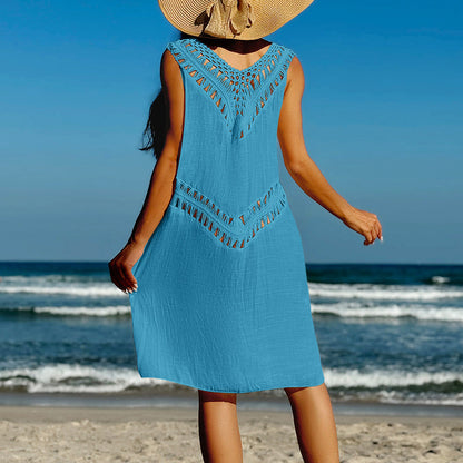 Vacation Beach Crochet Double V Neck Patchwork Hollow Out Cutout Out Camisole See Through Bikini Cover Up Dress