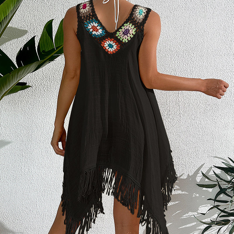 Holiday Crochet Block Stitching Irregular Asymmetric Tassel Hollow Out Cutout Beach Bikini Cover Up Dress Bella Mia