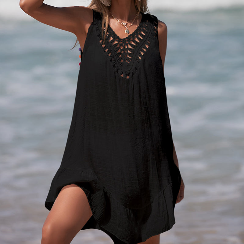 Holiday Hand Crocheting Stitching Color Ball Ruffle V Neck Pullover Hollow Out Cutout Beach Beach Cover Up Dress Bella Mia