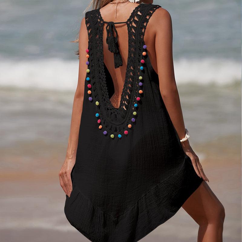 Holiday Hand Crocheting Stitching Color Ball Ruffle V Neck Pullover Hollow Out Cutout Beach Beach Cover Up Dress Bella Mia