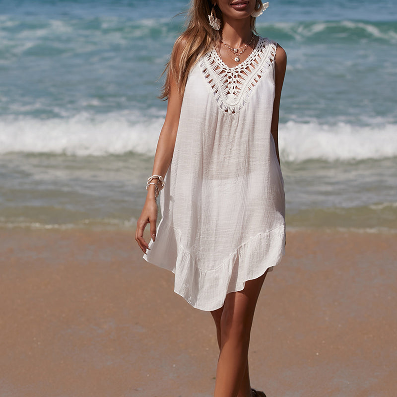 Holiday Hand Crocheting Stitching Color Ball Ruffle V Neck Pullover Hollow Out Cutout Beach Beach Cover Up Dress Bella Mia