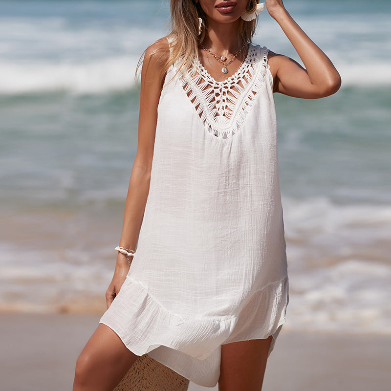 Holiday Hand Crocheting Stitching Color Ball Ruffle V Neck Pullover Hollow Out Cutout Beach Beach Cover Up Dress Bella Mia
