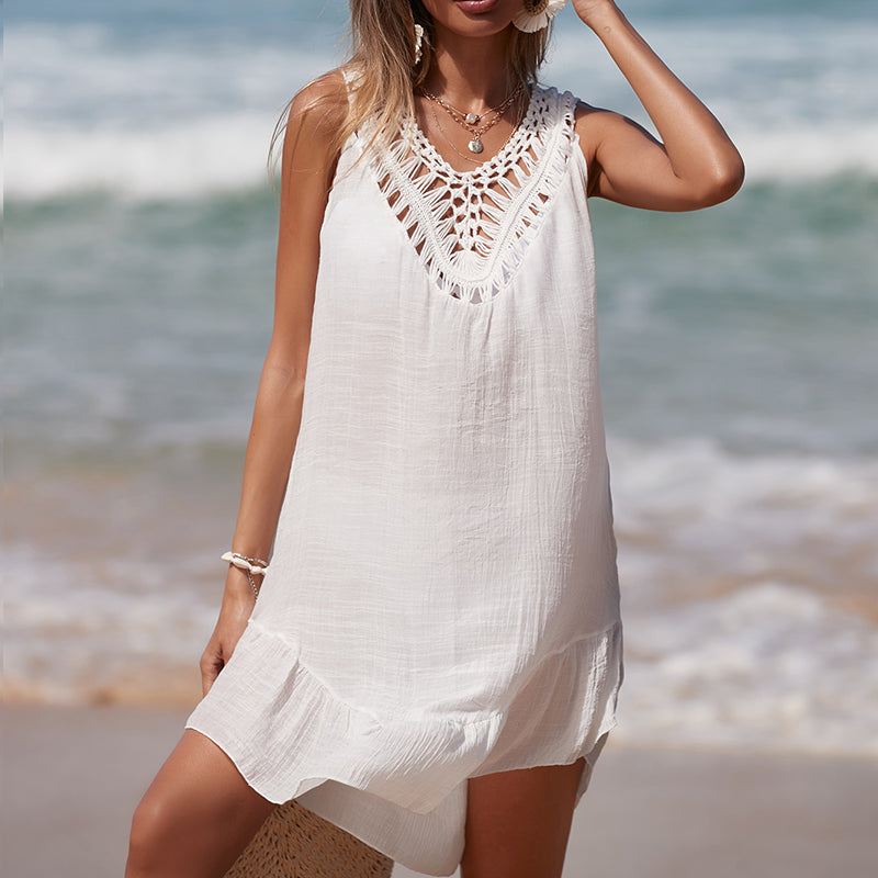 Holiday Hand Crocheting Stitching Color Ball Ruffle V Neck Pullover Hollow Out Cutout Beach Beach Cover Up Dress Bella Mia