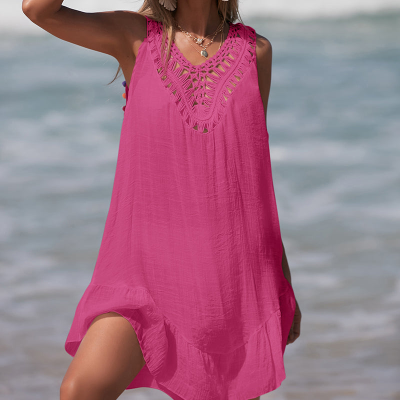 Holiday Hand Crocheting Stitching Color Ball Ruffle V Neck Pullover Hollow Out Cutout Beach Beach Cover Up Dress Bella Mia