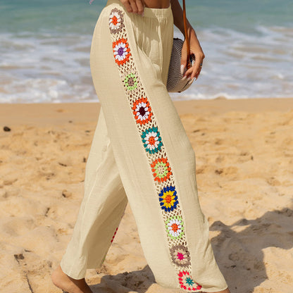 Slub Cotton Solid Color Loose Home Pants Stretch Casual Flared Pants Wide Leg Pants Sun Protection Beach Trousers