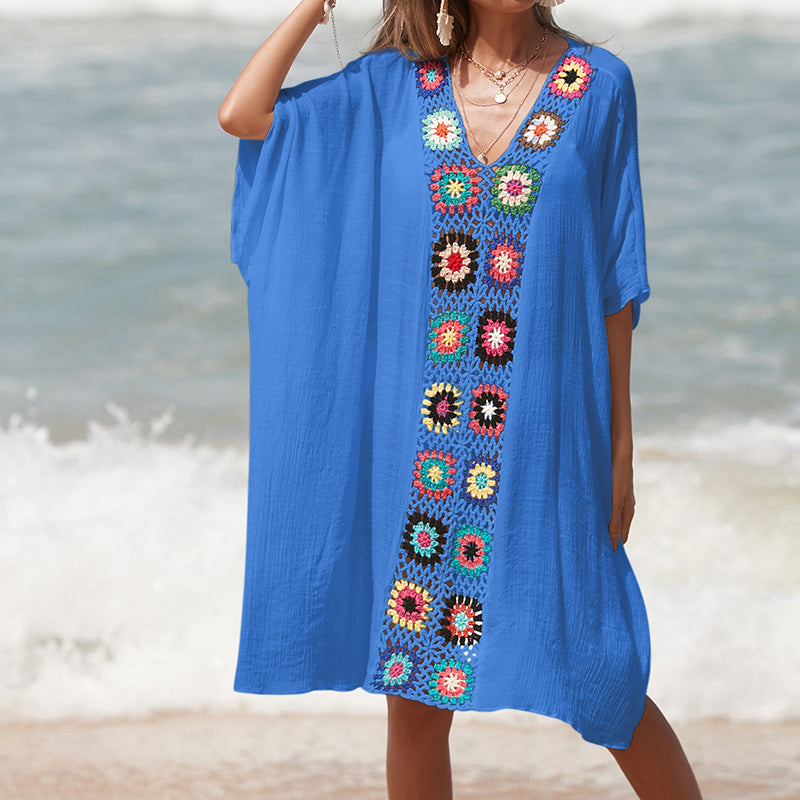 Hand Crocheting Stitching Color Pattern V Neck Pullover Breathable Vacation Beach Cover Up Dress
