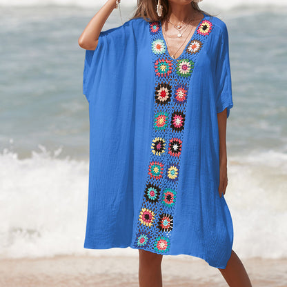 Hand Crocheting Stitching Color Pattern V Neck Pullover Breathable Vacation Beach Cover Up Dress