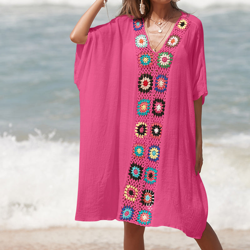 Hand Crocheting Stitching Color Pattern V Neck Pullover Breathable Vacation Beach Cover Up Dress