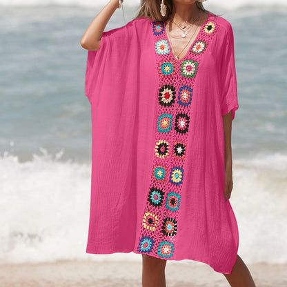 Hand Crocheting Stitching Color Pattern V Neck Pullover Breathable Vacation Beach Cover Up Dress