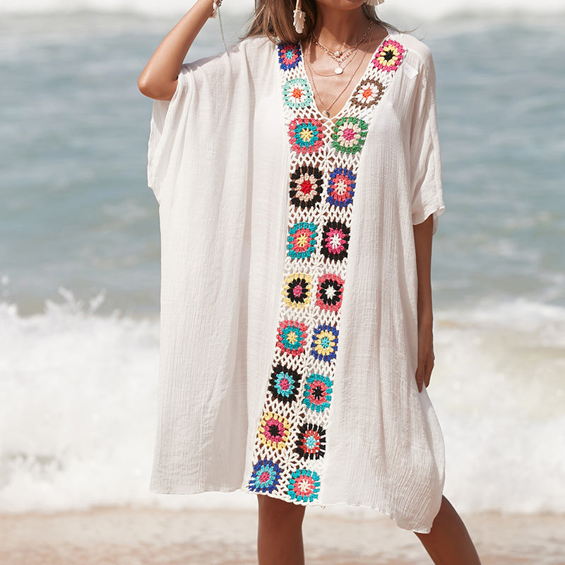 Hand Crocheting Stitching Color Pattern V Neck Pullover Breathable Vacation Beach Cover Up Dress Bella Mia