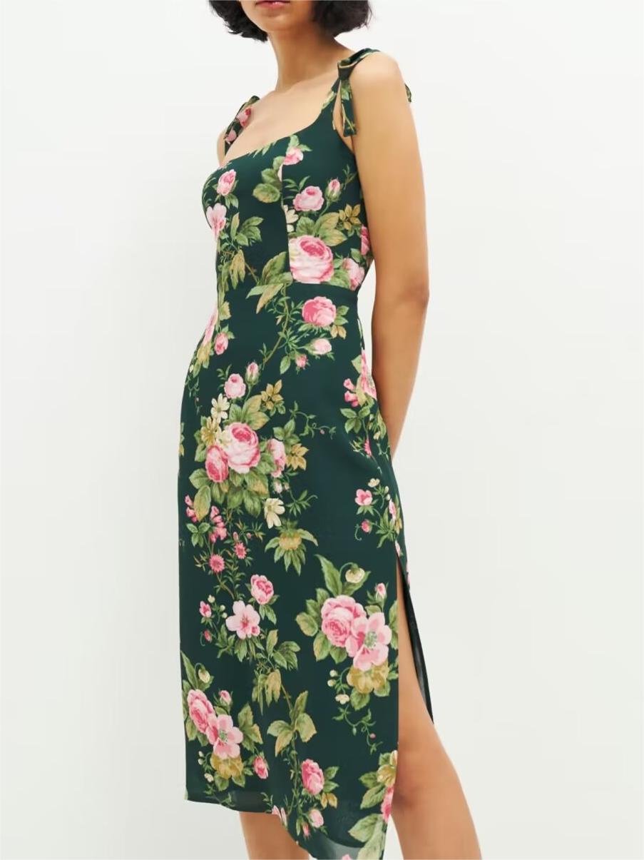 Side Slit Sexy Lace up Strap Dress Autumn Winter High Waist Slimming Broken Floral Decorations A line Dress Bella Mia