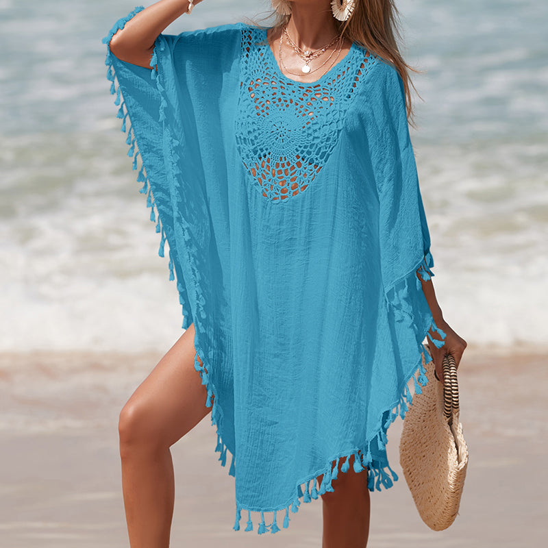 Vacation Hand Crocheting Solid Color Stitching Beach Loose Skirt Fimbrilla Sun Protection Short Sexy Beach Blouse Bella Mia