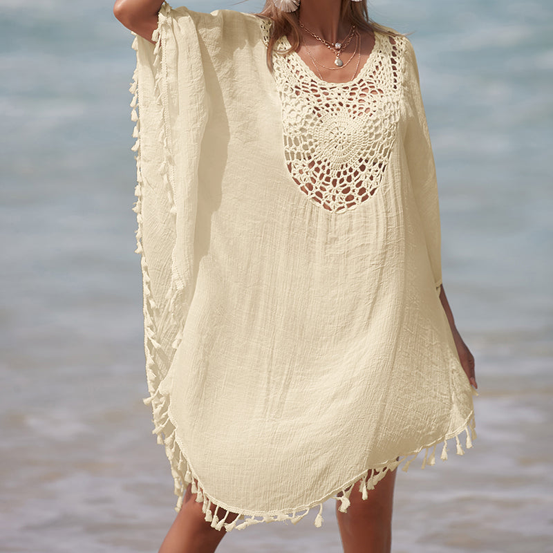 Vacation Hand Crocheting Solid Color Stitching Beach Loose Skirt Fimbrilla Sun Protection Short Sexy Beach Blouse Bella Mia