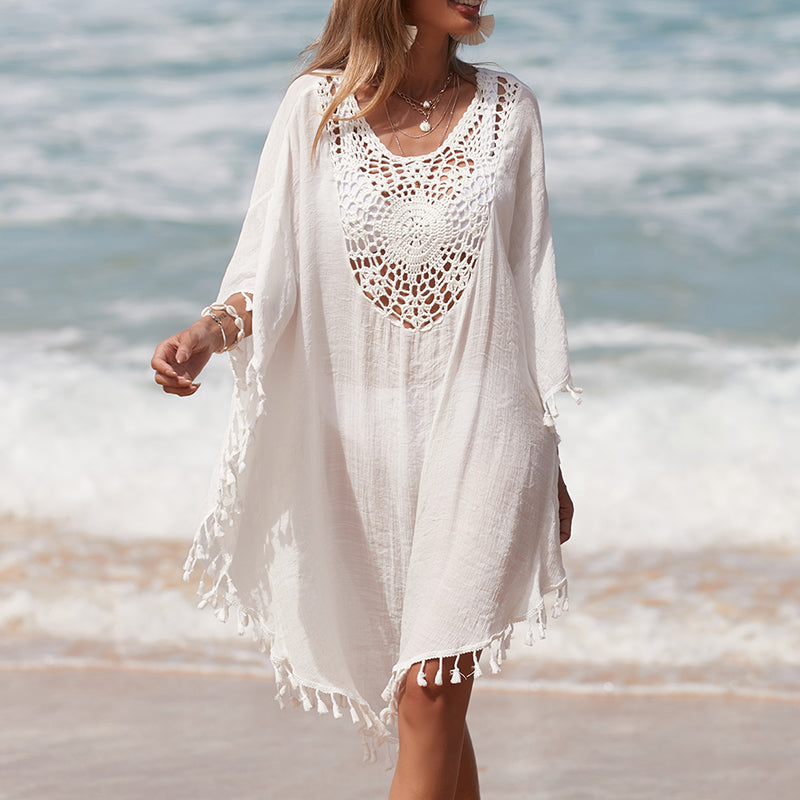 Vacation Hand Crocheting Solid Color Stitching Beach Loose Skirt Fimbrilla Sun Protection Short Sexy Beach Blouse Bella Mia