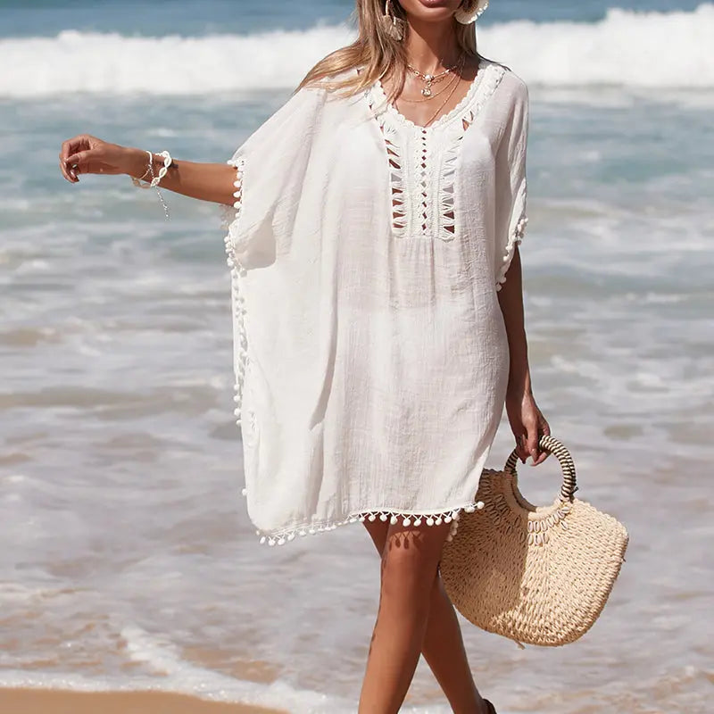 Solid Color Hand Crocheting Collar Stitching Beach Cover up Skirt Small Ball Edge Sun Protection Mid-Length Sexy Beach Bella Mia