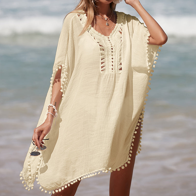 Solid Color Hand Crocheting Collar Stitching Beach Cover up Skirt Small Ball Edge Sun Protection Mid-Length Sexy Beach Bella Mia