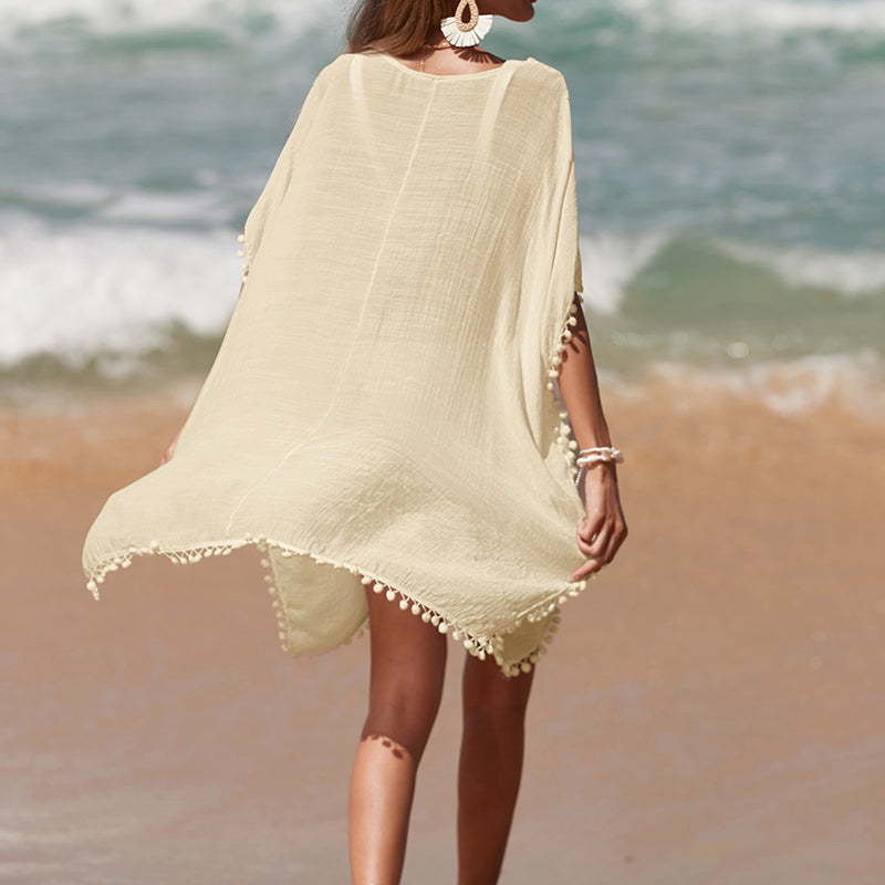 Solid Color Hand Crocheting Collar Stitching Beach Cover up Skirt Small Ball Edge Sun Protection Mid-Length Sexy Beach Bella Mia