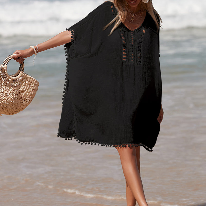 Solid Color Hand Crocheting Collar Stitching Beach Cover up Skirt Small Ball Edge Sun Protection Mid-Length Sexy Beach Bella Mia