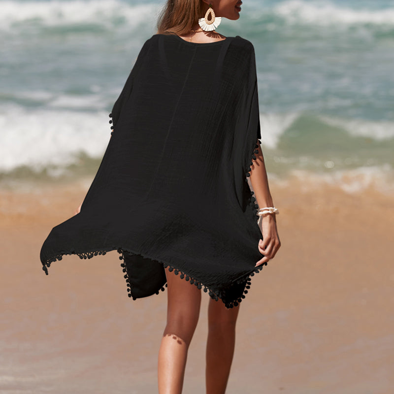 Solid Color Hand Crocheting Collar Stitching Beach Cover up Skirt Small Ball Edge Sun Protection Mid-Length Sexy Beach Bella Mia