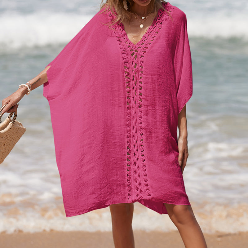 Holiday Crochet Stitching Solid Color Beach Loose See-through Sun Protection Mid Length Sexy Beach Blouse Bella Mia