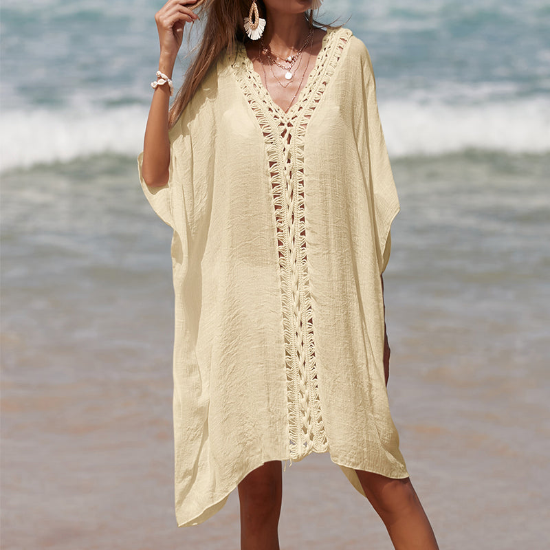 Holiday Crochet Stitching Solid Color Beach Loose See-through Sun Protection Mid Length Sexy Beach Blouse Bella Mia