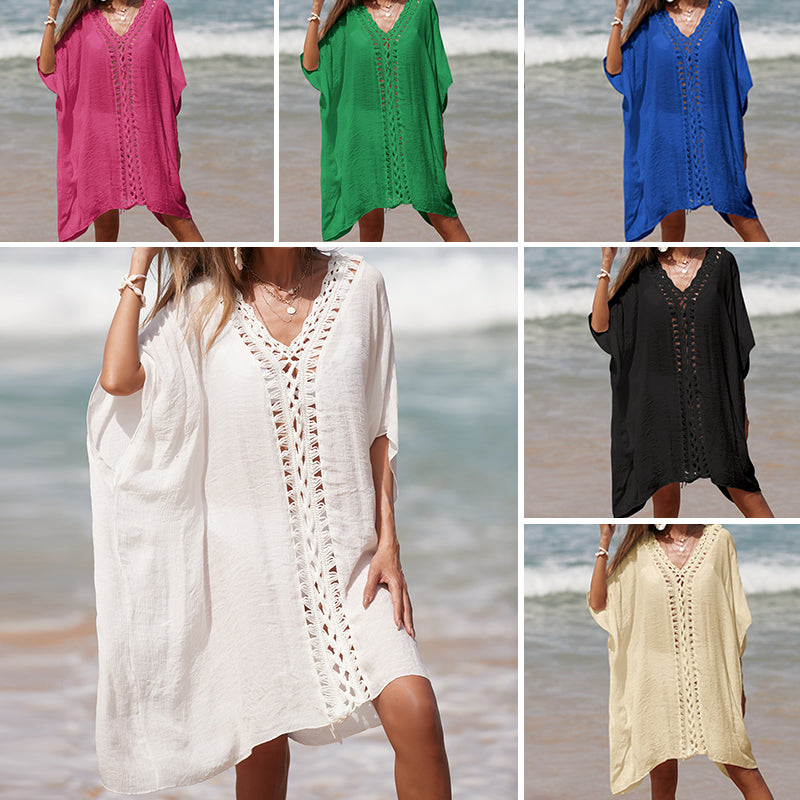 Holiday Crochet Stitching Solid Color Beach Loose See-through Sun Protection Mid Length Sexy Beach Blouse Bella Mia