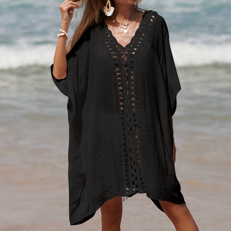 Holiday Crochet Stitching Solid Color Beach Loose See-through Sun Protection Mid Length Sexy Beach Blouse Bella Mia